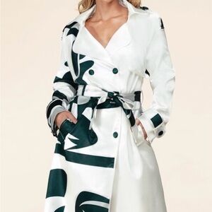 Elegant White and Green Graphic Trench Coat Multiple sizes available